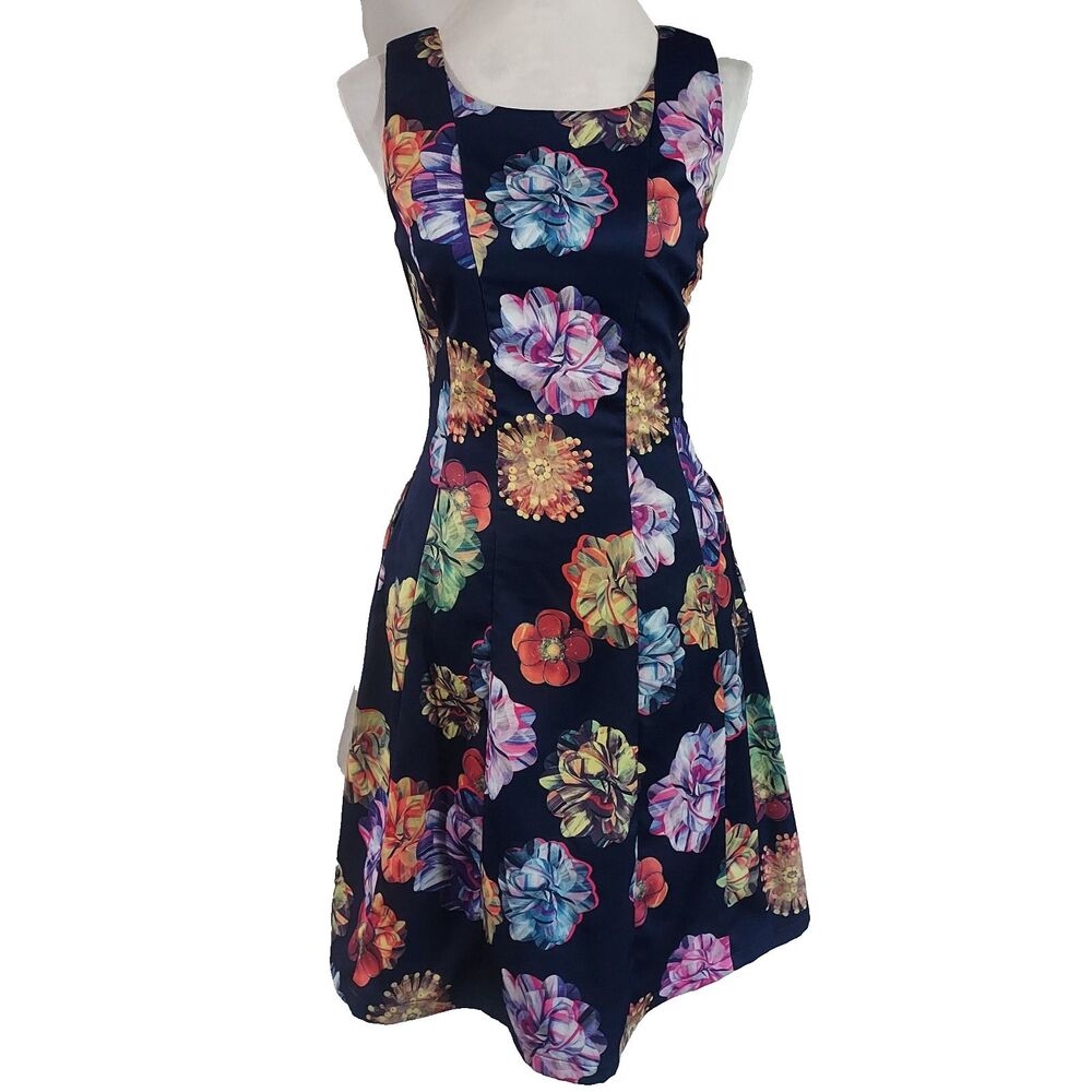 FROCK SHOP Blue Floral Print Fit n Flare Dress w Pockets Womens Size Small Flowy